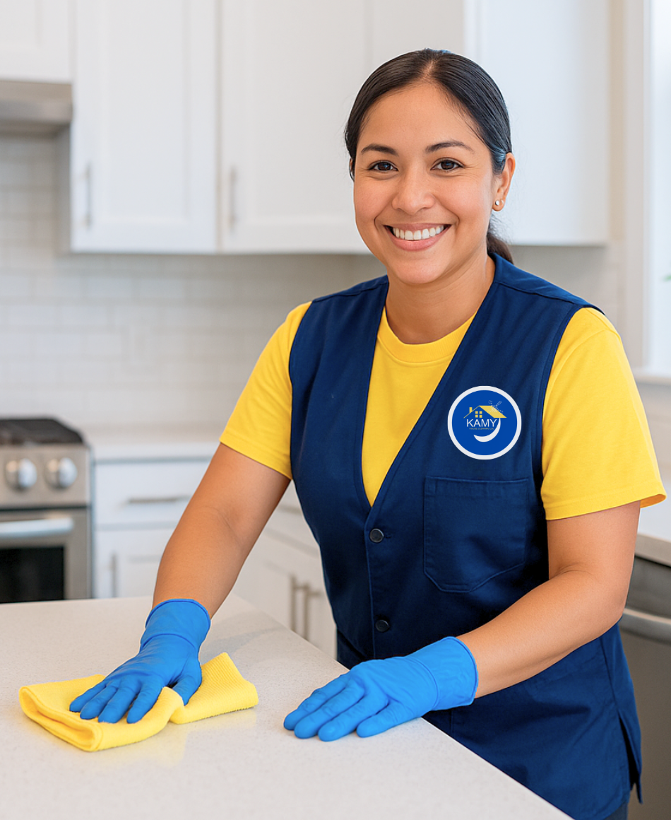 kamy-house-cleaning-professional-in-kitchen-washington-dc KAMY house cleaner smiling while wiping a kitchen countertop in a modern Washington DC home — trusted residential cleaning services